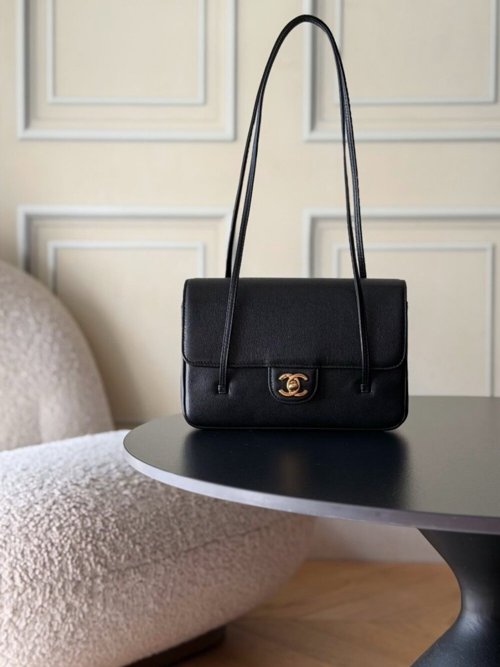 Chanel Black Caviar Leather Vintage Shoulder Bag with Gold CC Turnlock